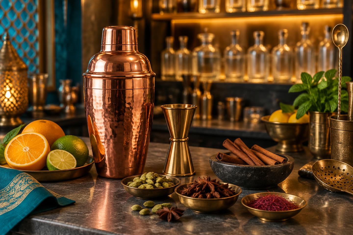 Illustrative cocktail preparation scene with copper bar tools, citrus and whole Indian spices