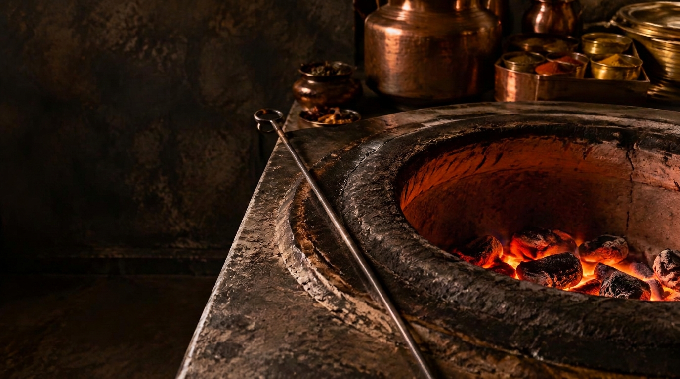 Illustrative Indian kitchen scene with a glowing clay tandoor, copper pots and spices